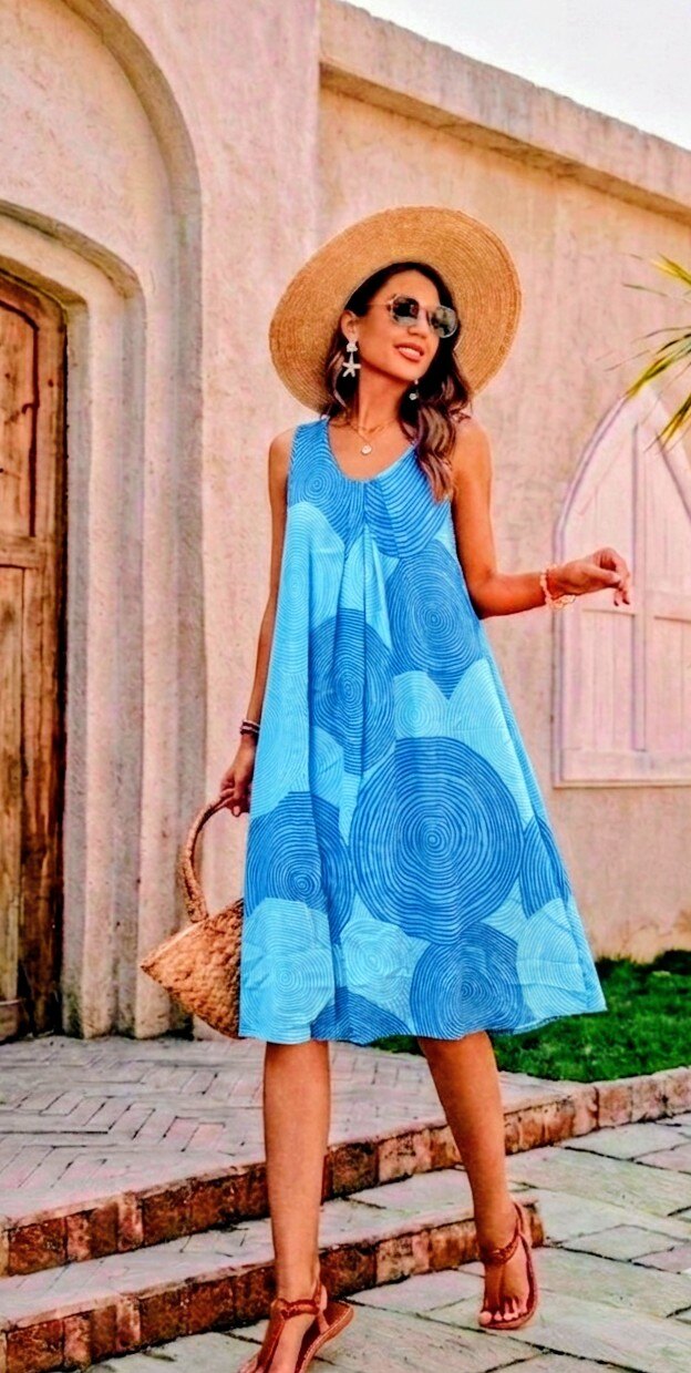 turquoise-sleeveless printed dress