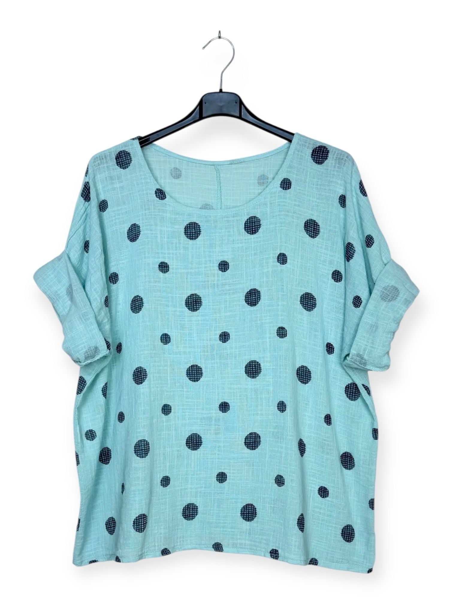 Light blue top with dark blue polka dots on a hanger against a white background