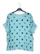 Light blue top with dark blue polka dots on a hanger against a white background