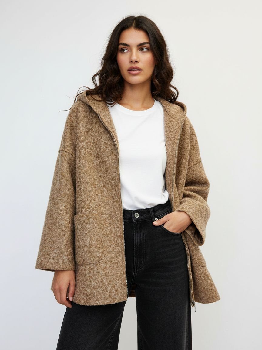 A woman modeling a textured, oversized camel-colored hooded coat over a white t-shirt and black jeans
