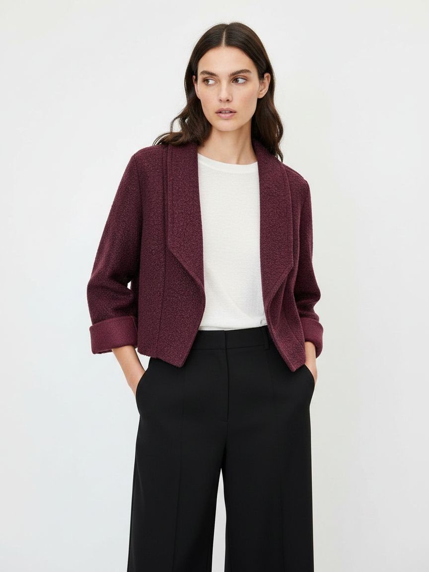 A woman modeling a textured, open-front cropped jacket in deep burgundy, worn over a white top and black wide-leg trousers, against a plain light gray studio background.