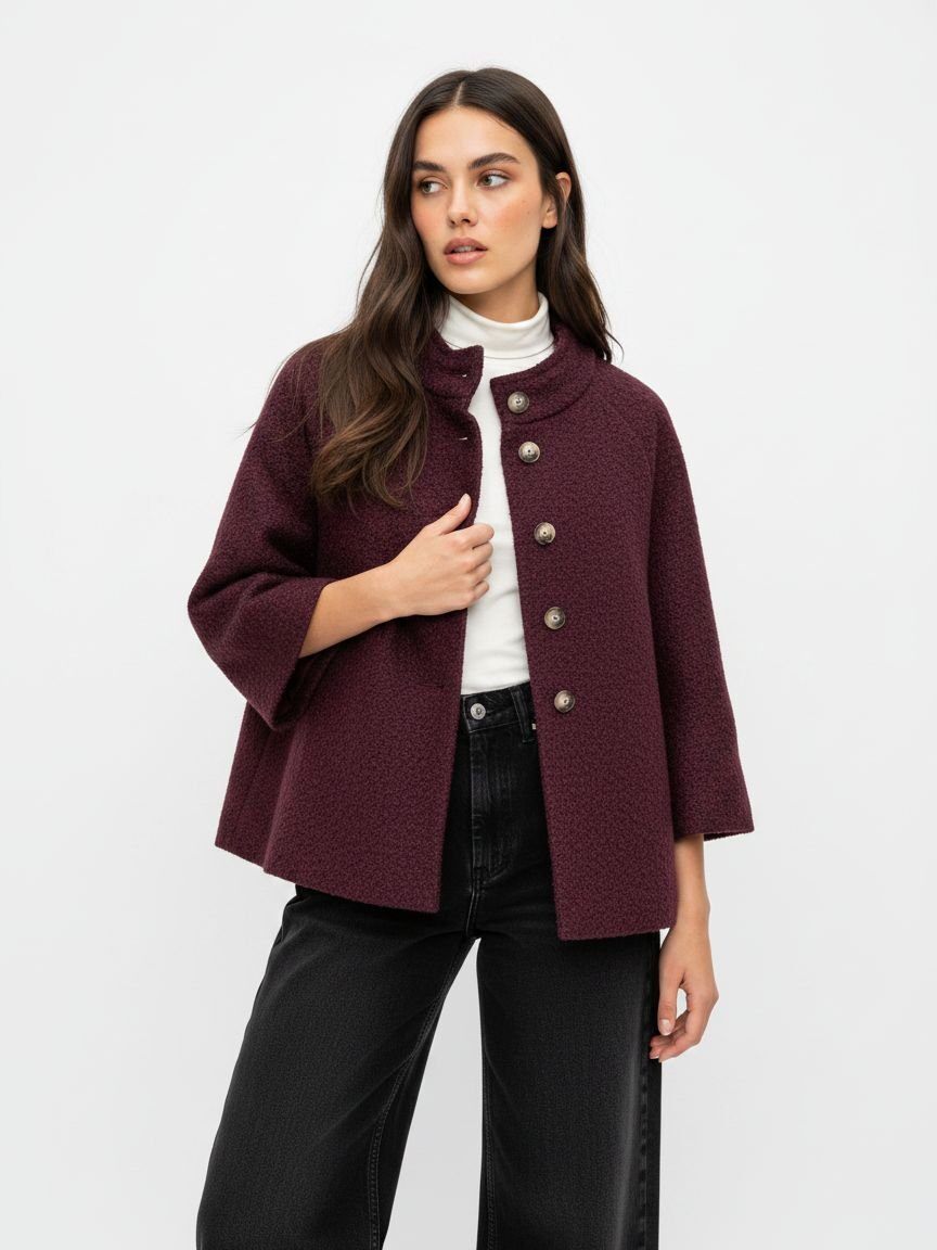 A woman modeling a short, textured burgundy jacket with a high stand collar and decorative silver-tone buttons, worn over a white turtleneck and black wide-leg jeans, against a plain white studio background.