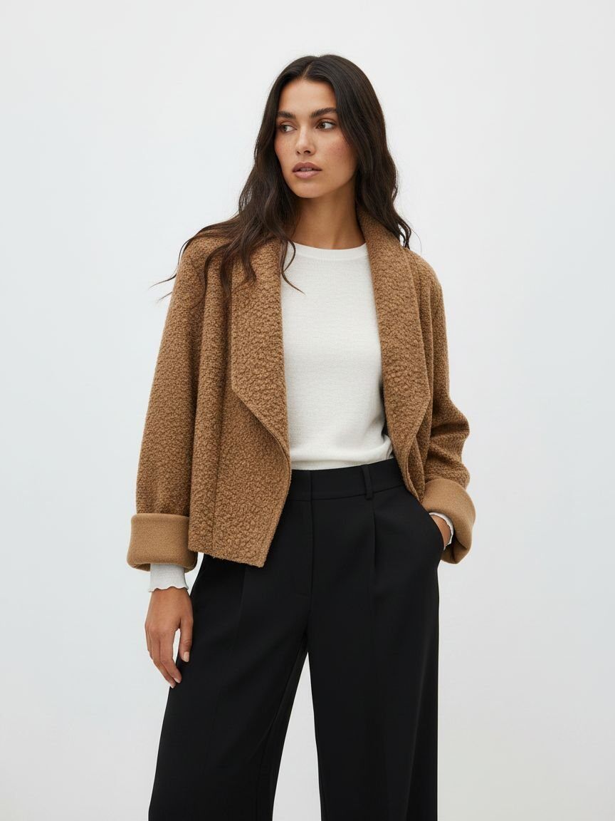 A woman modeling a cropped, open-front teddy fleece jacket in camel brown, worn over a white ribbed top and black wide-leg trousers, against a plain light gray studio background.