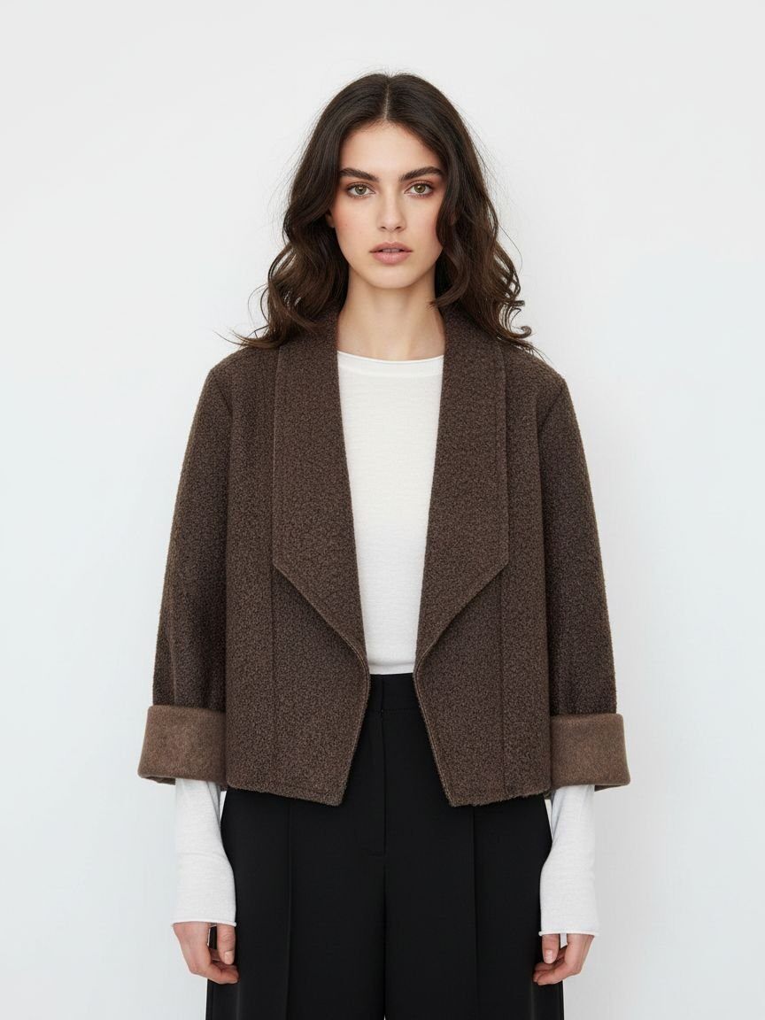 A woman modeling a cropped brown textured jacket with wide lapels and turned-back cuffs, worn over a white top and black trousers against a plain light gray background.