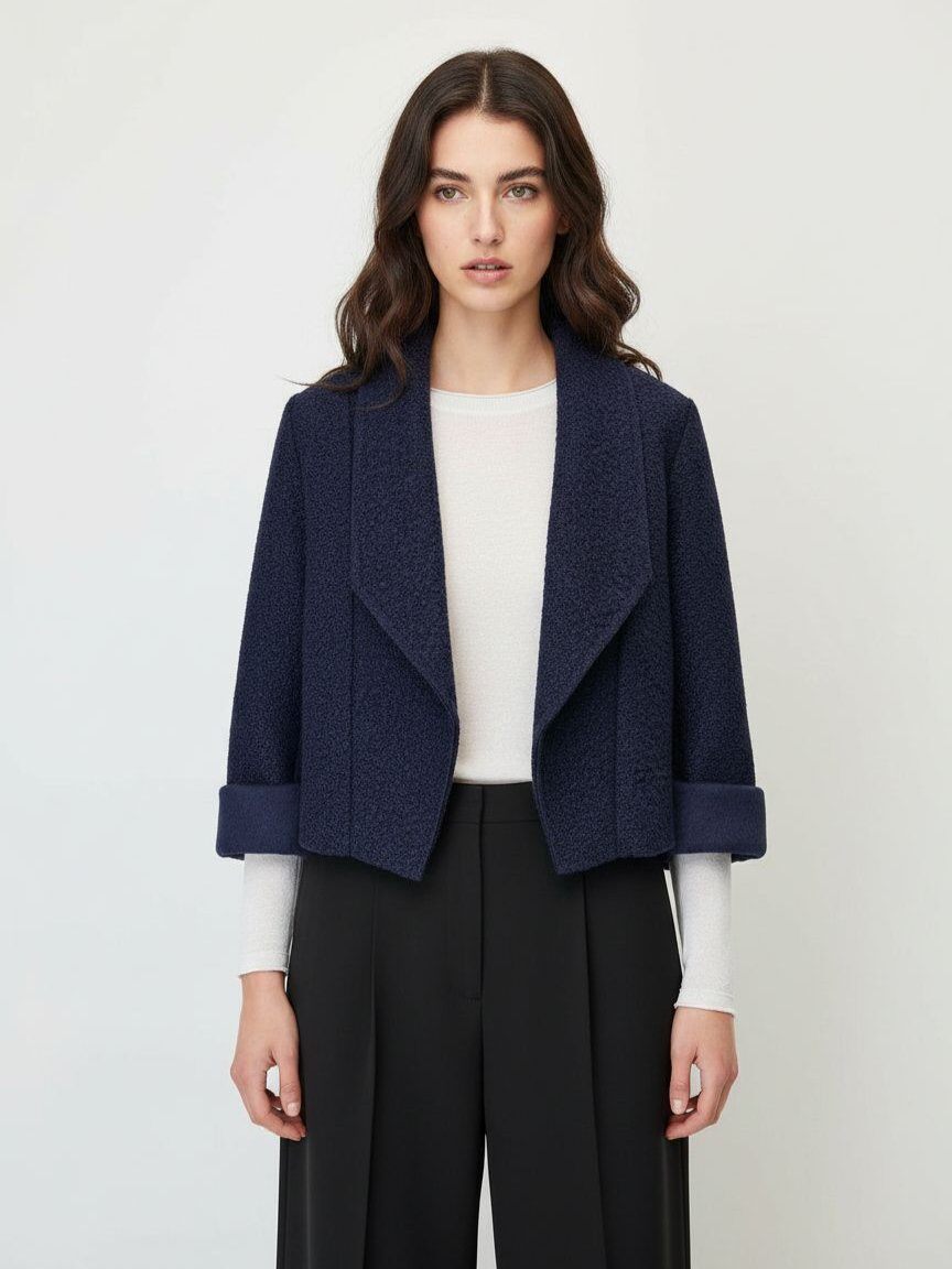 A woman modeling a cropped navy blue textured jacket with wide lapels and rolled cuffs, worn over a white top and black trousers, against a light gray studio background.
