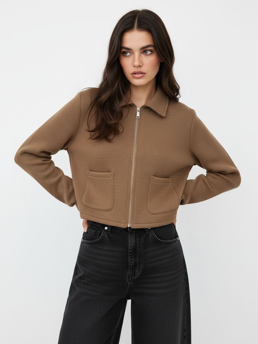 A woman modeling a cropped, long-sleeve zip-front jacket in a warm camel brown color, paired with black jeans, against a plain light gray studio background.