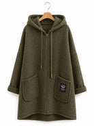 An olive green fleece zip-up hoodie jacket with a hood, drawstrings, and two front patch pockets, hanging on a wooden hanger against a plain white background.