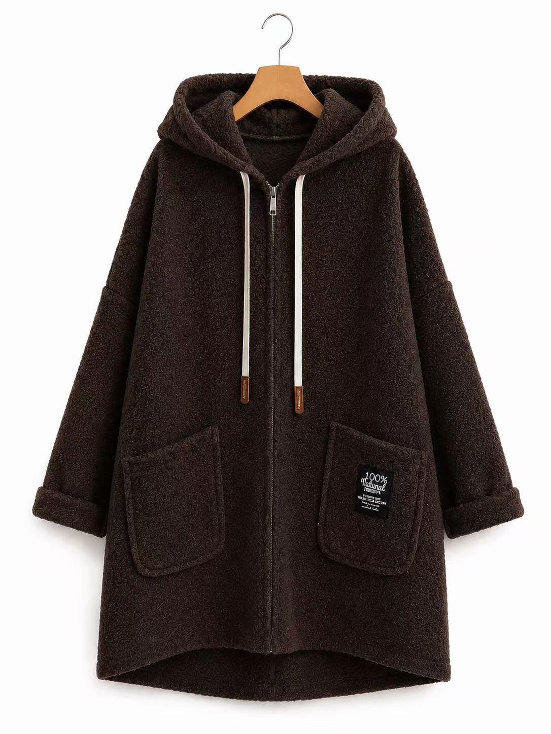 A dark brown fuzzy zip-up hooded coat with white drawstrings, displayed on a wooden hanger against a plain white background.