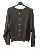 A dark brown knit cardigan sweater with a button-up front,. 