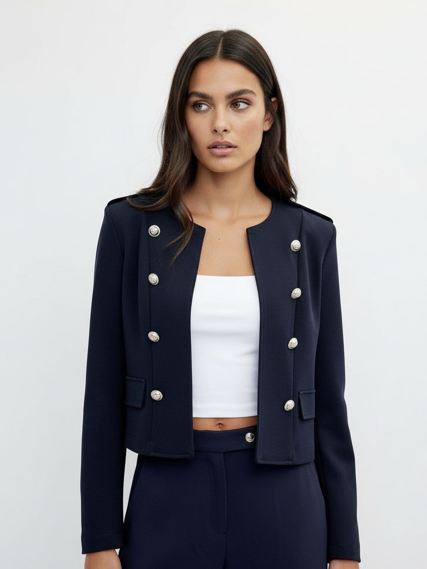 A woman modeling a cropped navy blue double-breasted blazer with silver-tone buttons, worn over a white crop top and matching navy trousers, against a light gray studio background.