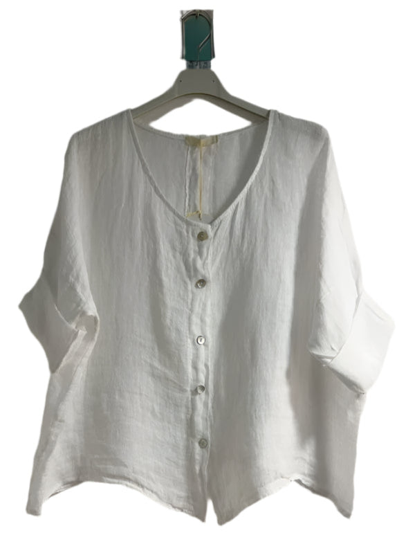 A white one size pure linen button fronted collarless shirt with three quarter sleeves.