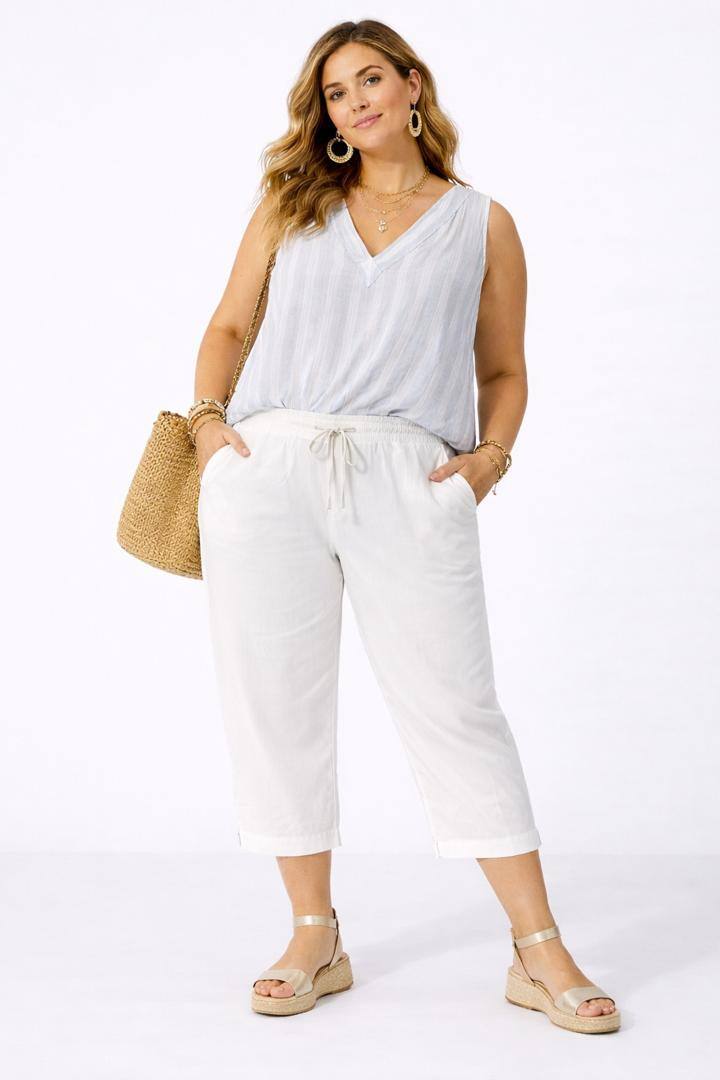 Woman wearing a white sleeveless top and white pants, holding a straw bag on a white background