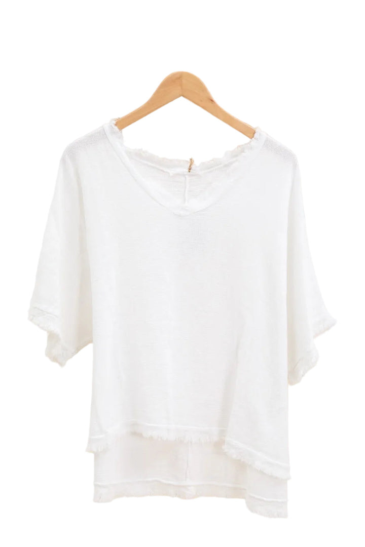 White top on a wooden hanger against a white wall.