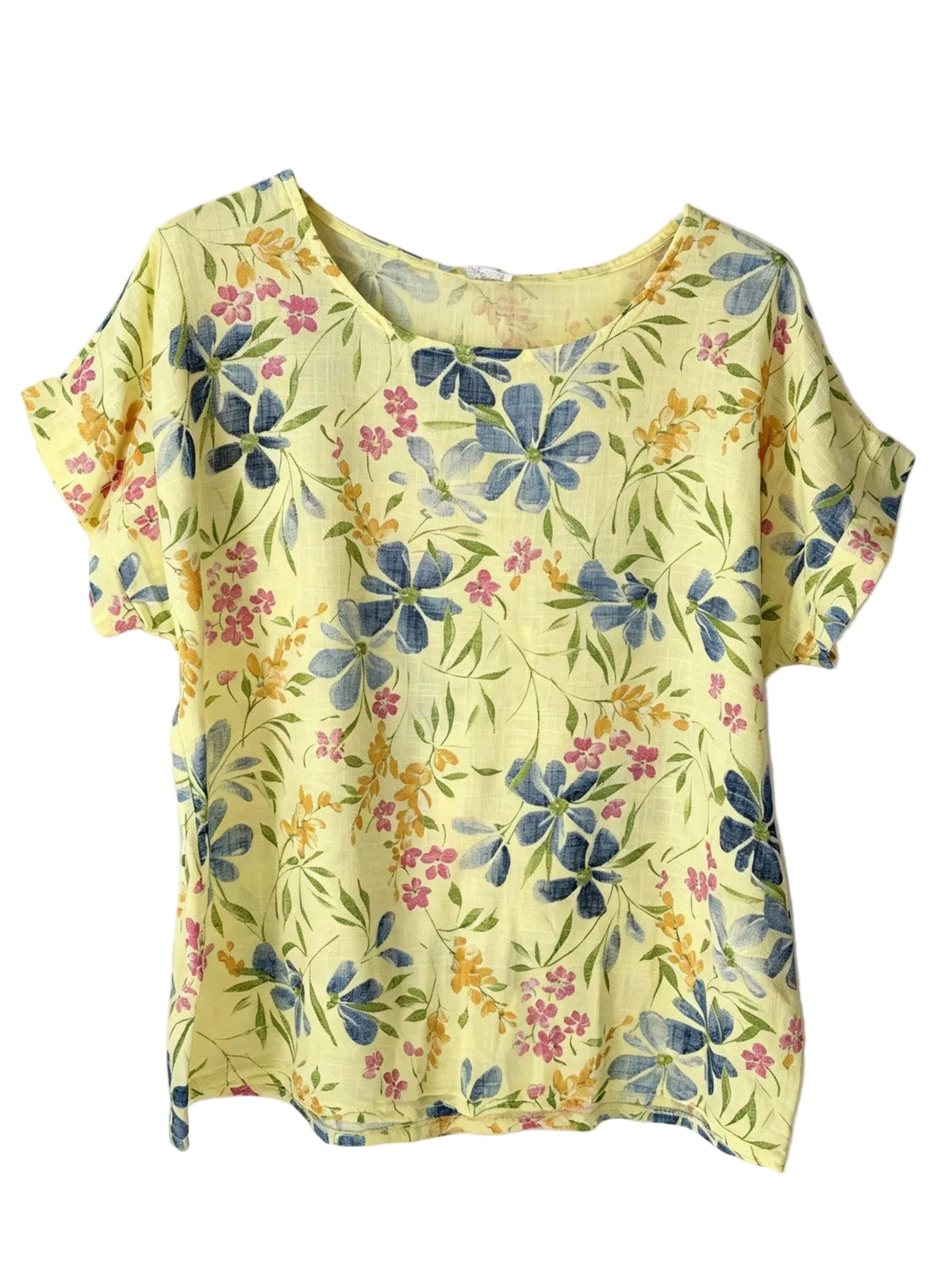 A pale yellow short-sleeve top with a blue, pink, and green floral print, displayed flat against a white background.