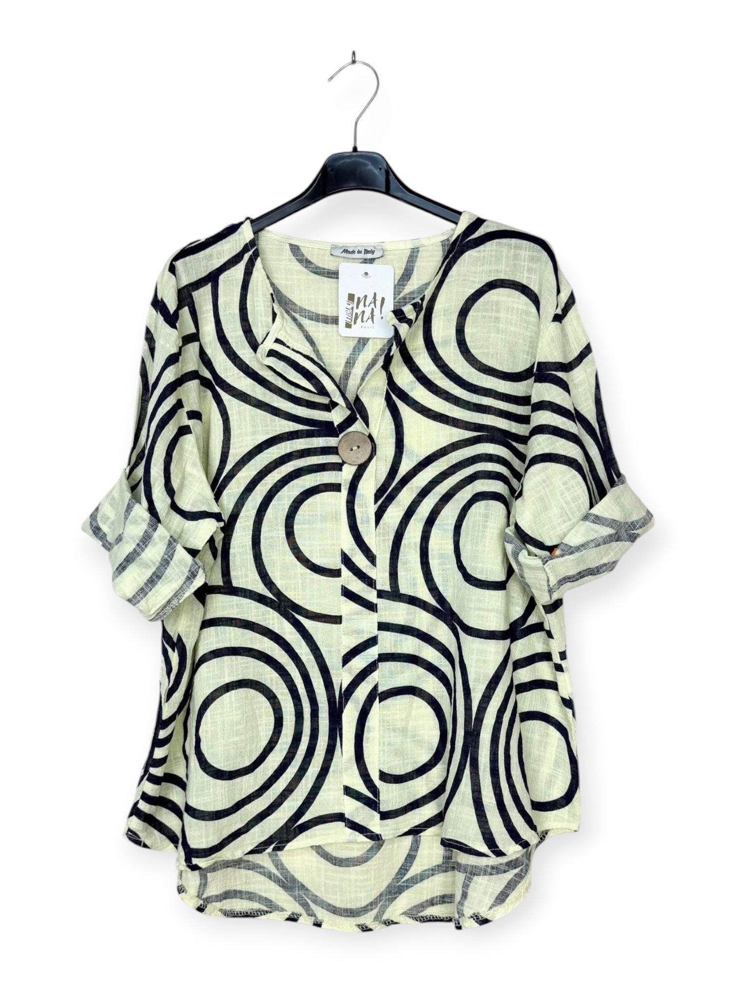 yellow printed top with feature button and v neck