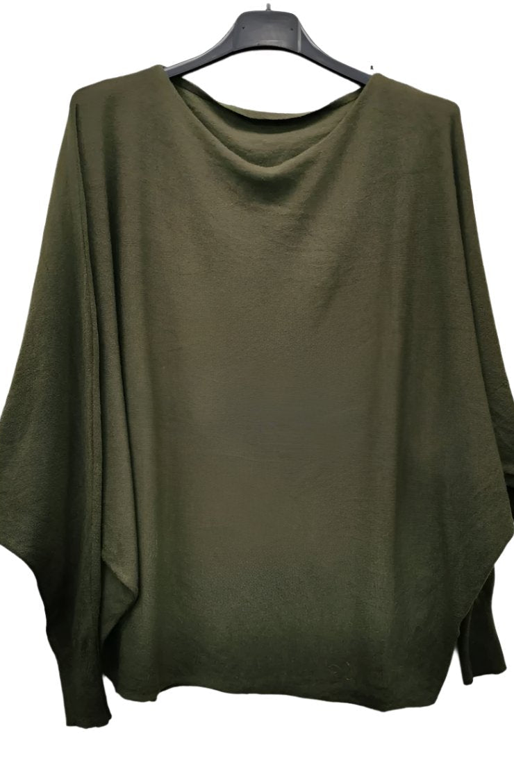 A khaki green batwing long-sleeve sweater hanging on a black hanger against a plain white background.
