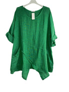Green asymmetrical linen tunic top with three-quarter sleeves.