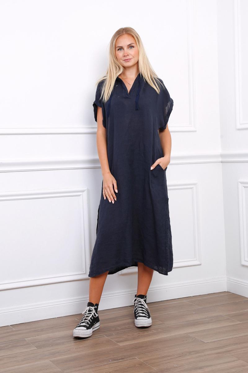 Black hooded linen dress