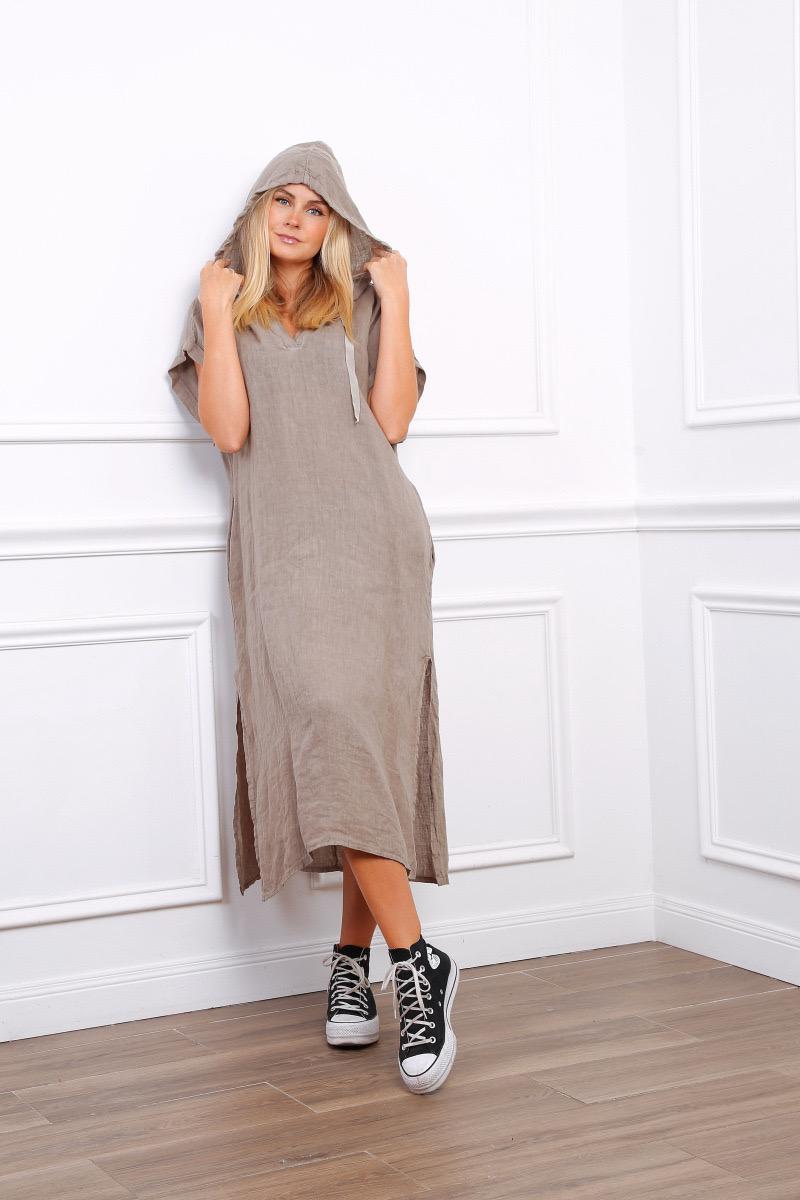 Taupe hooded linen dress