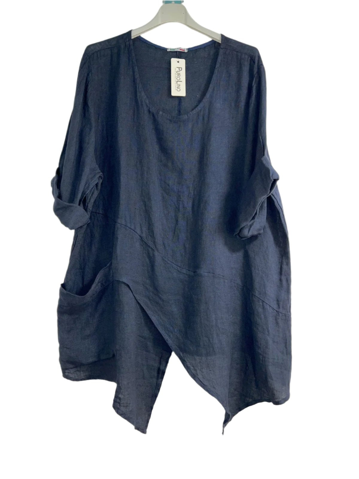 Navy asymmetrical linen tunic top with three-quarter sleeves.