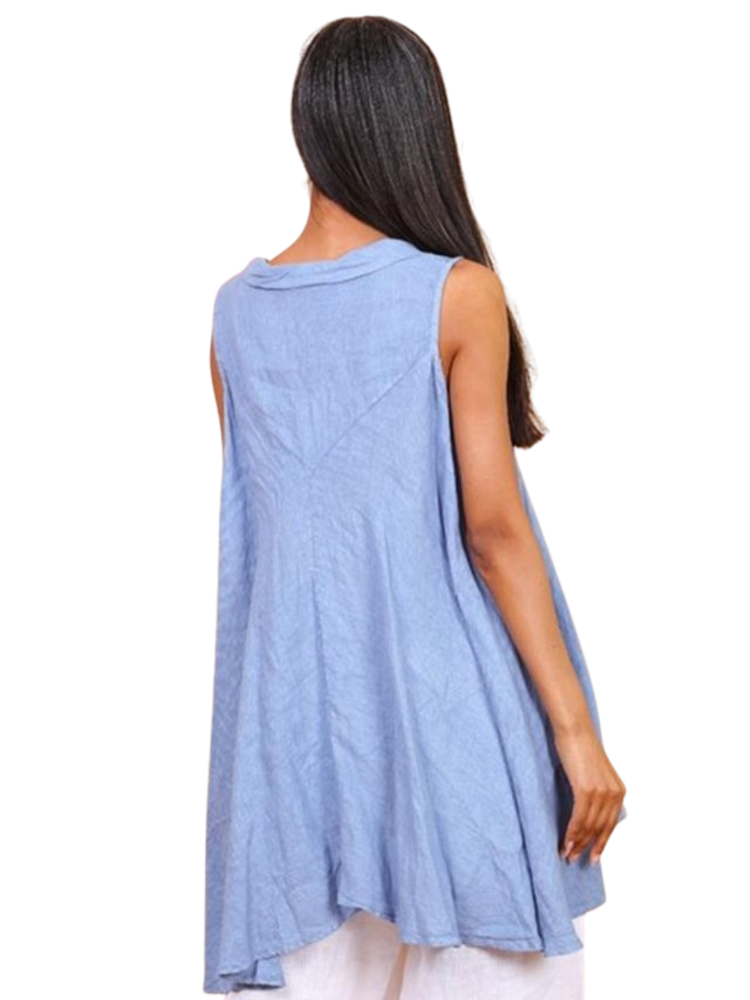 A woman wearing a sky blue sleeveless cowl neck top with an asymmetrical hem, paired with white trousers.