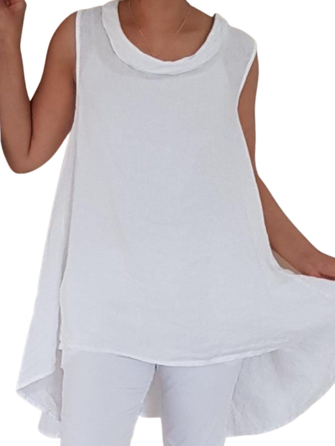 A woman wearing a white sleeveless cowl neck top with an asymmetrical hem, paired with white trousers.
